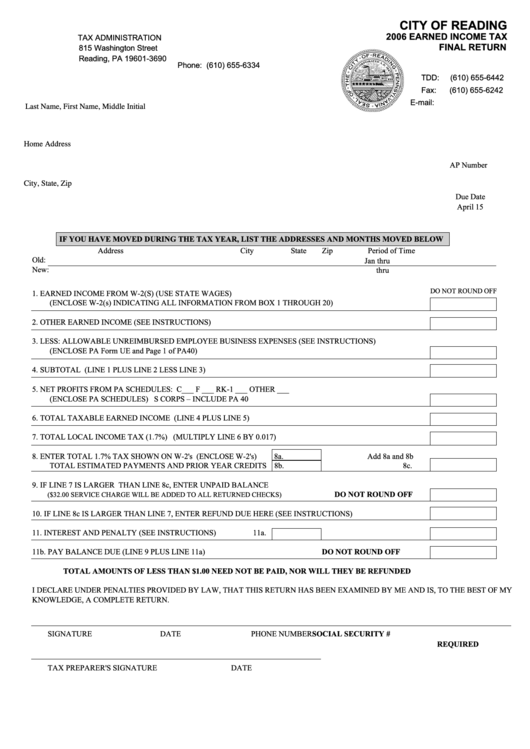 Fillable Earned Income Tax Final Return Form - City Of Reading - 2006 Printable pdf