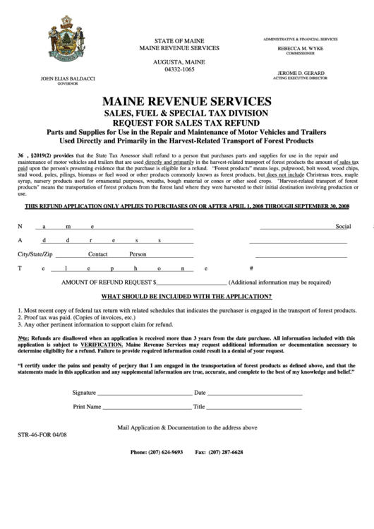 Form Str-46-For - Request For Sales Tax Refund Printable pdf