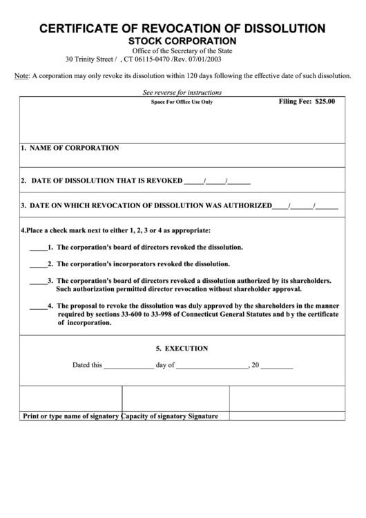 Certificate Of Revocation Of Dissolution Form - Stock Corporation - Secretary Of State - 2003 Printable pdf