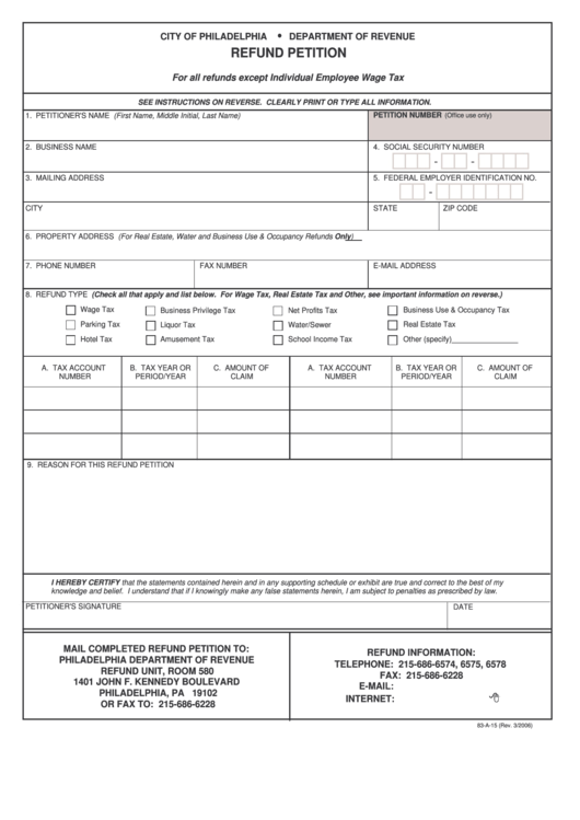 Form 83-A-15 - Refund Petition Printable pdf