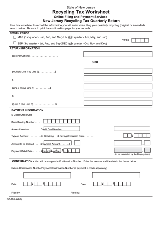 Fillable Rc-100 6/08 - Recycling Tax Worksheet, New Jersey Recycling Tax Quarterly Return Form - State Of New Jersey Printable pdf