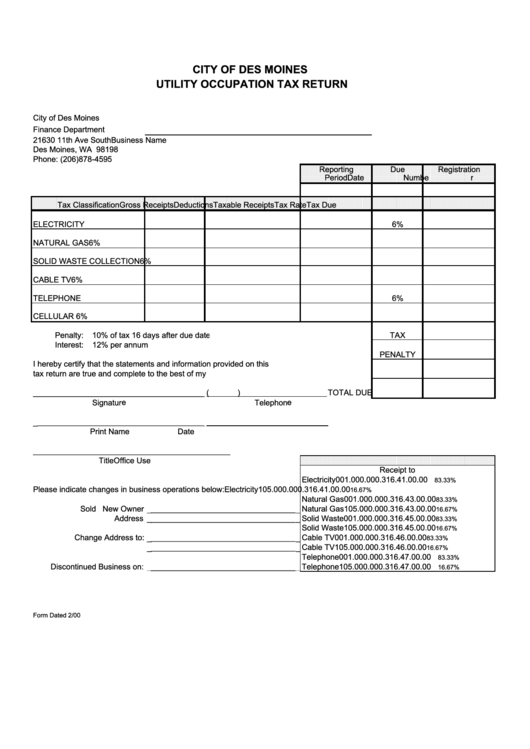 Utility Occupation Tax Return Form - City Of Des Moines Printable pdf