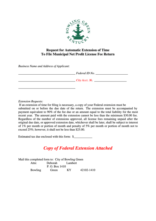 Fillable Request For Automatic Extension Of Time To File Municipal Net Profit License Fee Return - Bowling Green, Kentucky Printable pdf