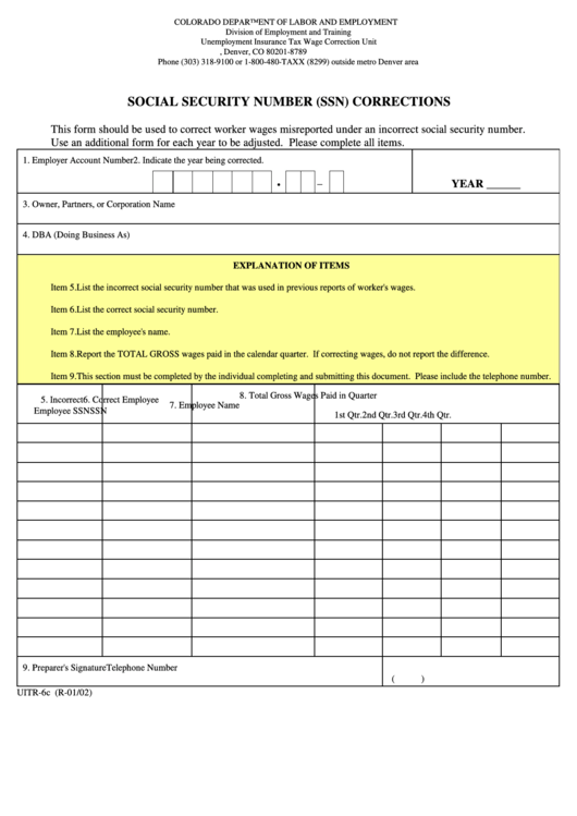 Uitr-6c 1/02 - Social Security Number (Ssn) Corrections - Colorado Department Of Labor And Employment Printable pdf