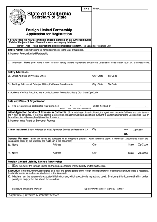 Fillable Lp-5 1/13 - Foreign Limited Partnership Application For Registration Form - State Of California Secretary Of State Printable pdf