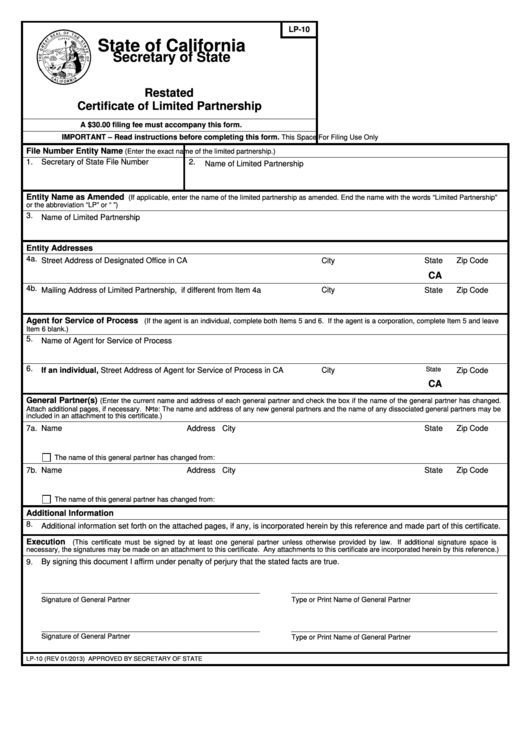 Fillable Lp-10 - Restated Certificate Of Limited Partnership - State Of California Secretary Of State - 2013 Printable pdf