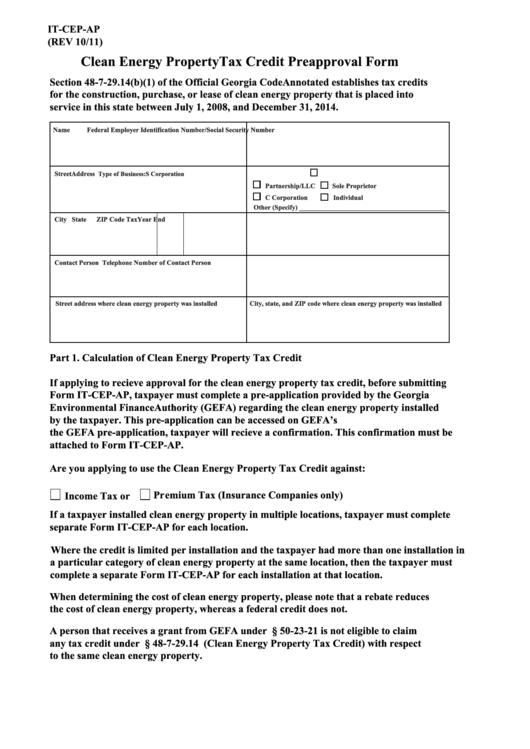 Fillable Form It-Cep-Ap - Clean Energy Property Tax Credit Preapproval Form Printable pdf