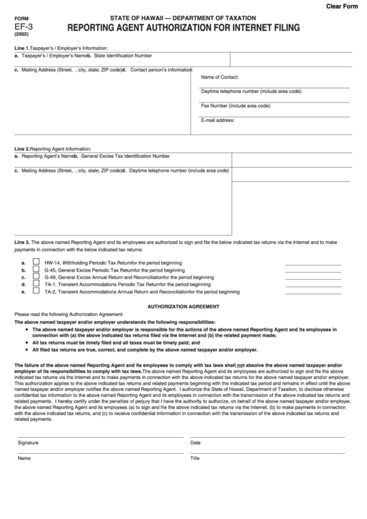 Fillable Form Ef-3 - Reporting Agent Authorization For Internet Filing Printable pdf