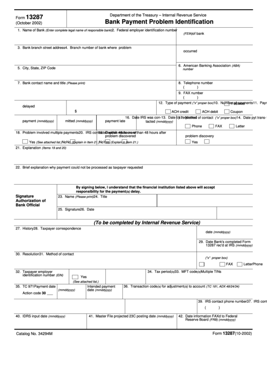 Fillable Form 13287 - Bank Payment Problem Identification Printable pdf