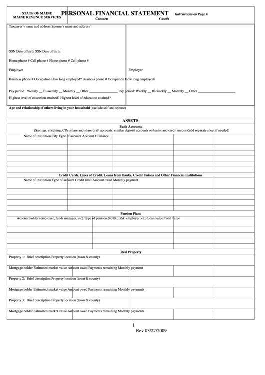 Fillable Personal Financial Statement Form - State Of Maine Revenue Services Printable pdf