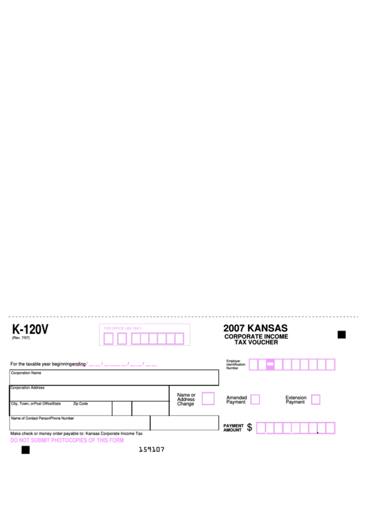 Form K-120v - Corporate Income Tax Voucher - 2007 Printable pdf