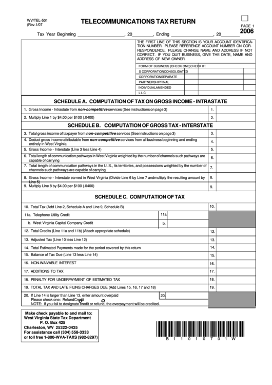 Form Wv/tel-501 - Telecommunications Tax Return - 2006 Printable pdf