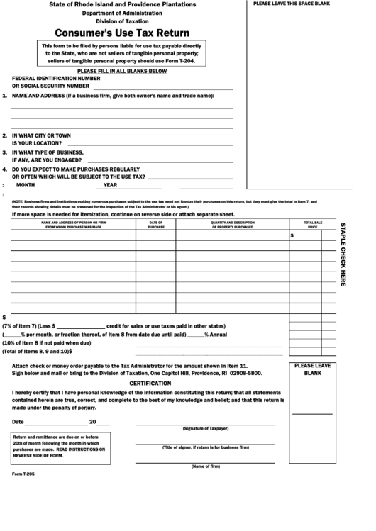 Form T 205 Consumer S Use Tax Return Printable Pdf Download