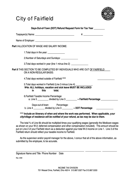 Days-Out-Of-Town (Dot) Refund Request Form - City Of Fairfield, Income Tax Division Printable pdf