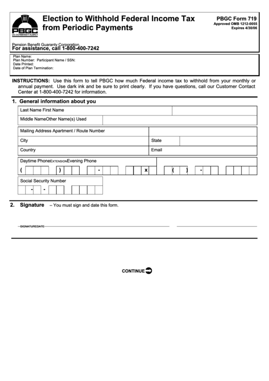 Pbgc Form 719 - Election To Withhold Federal Income Tax From Periodic Payments Printable pdf