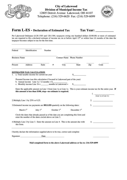 Form L-Es - Declaration Of Estimated Tax Form - City Of Lakewood - Division Of Municipal Income Tax Printable pdf