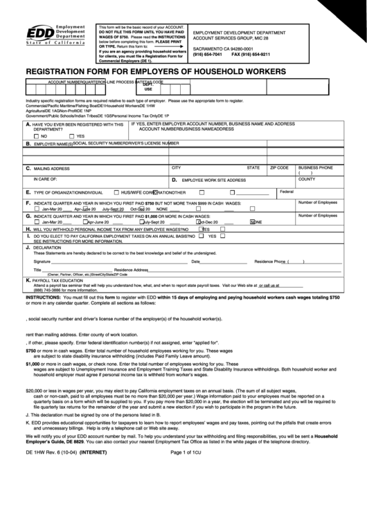 Fillable De 1hw 10/04 - Registration Form For Employers Of Household Workers - State Of California Employment Development Department Printable pdf