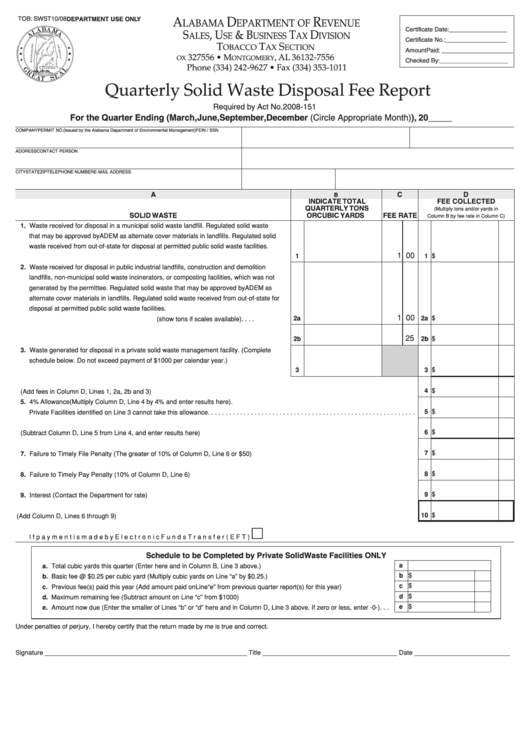 Quarterly Solid Waste Disposal Fee Report Form - Alabama Department Of Revenue Printable pdf