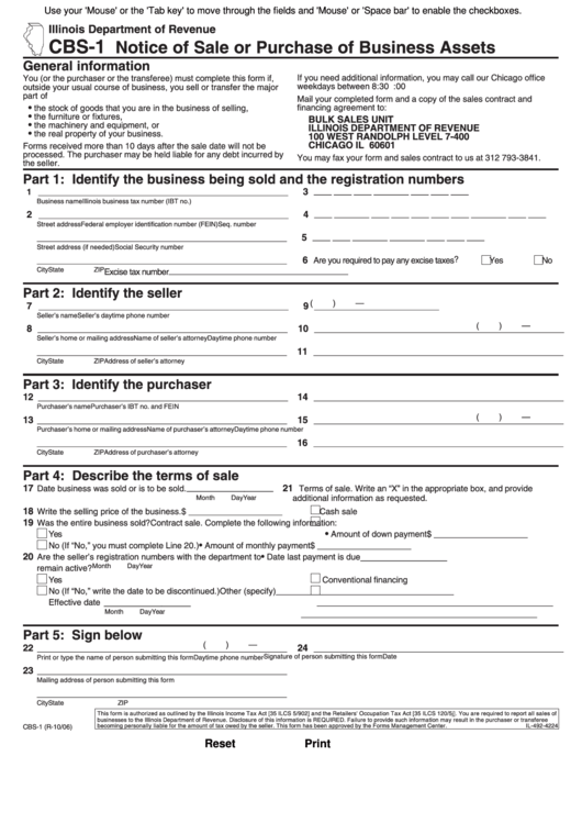 Fillable Form Cbs-1 - Notice Of Sale Or Purchase Of Business Assets Printable pdf