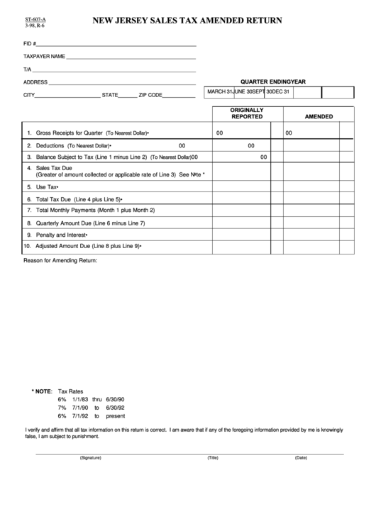 Fillable St-607-A - New Jersey Sales Tax Amended Return Form Printable pdf