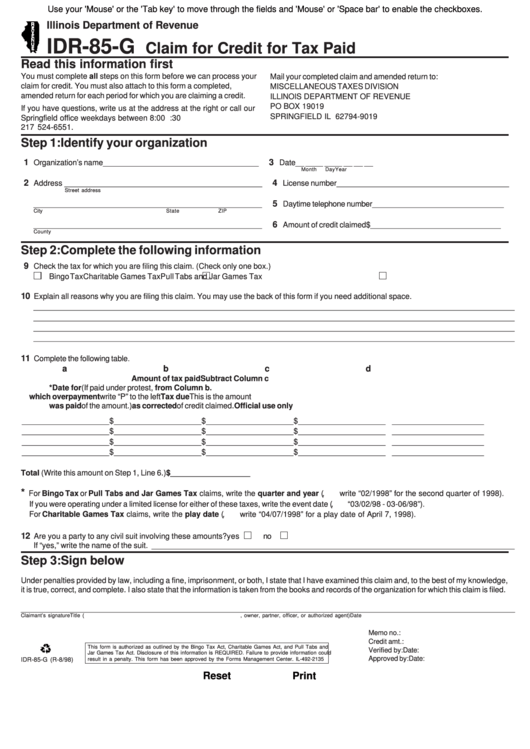 Fillable Form Idr-85-G - Claim For Credit For Tax Paid Printable pdf