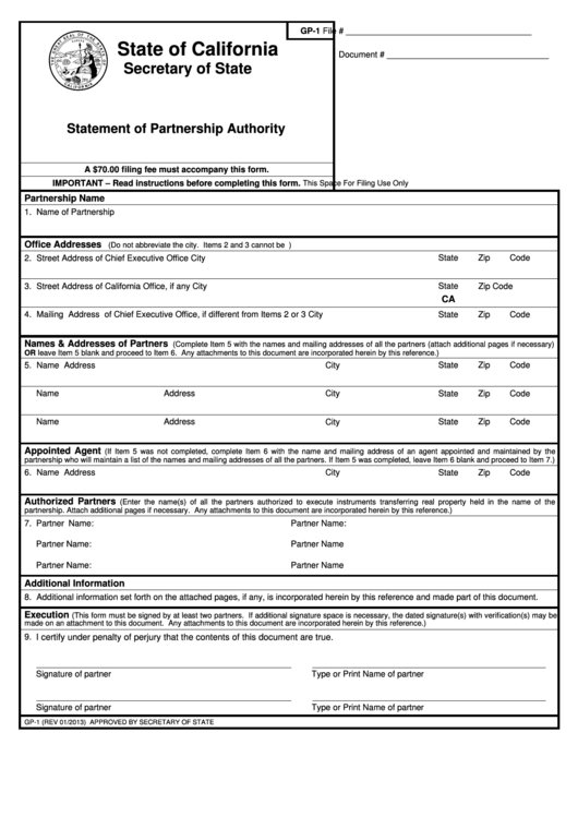 Fillable Form Gp-1 - Statement Of Partnership Authority Printable pdf