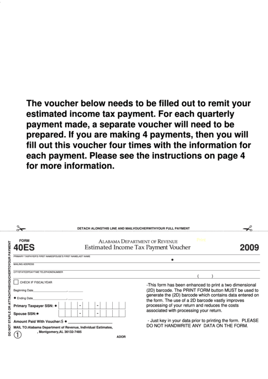 Fillable Form 40es - Estimated Income Tax Payment Voucher - 2009 Printable pdf