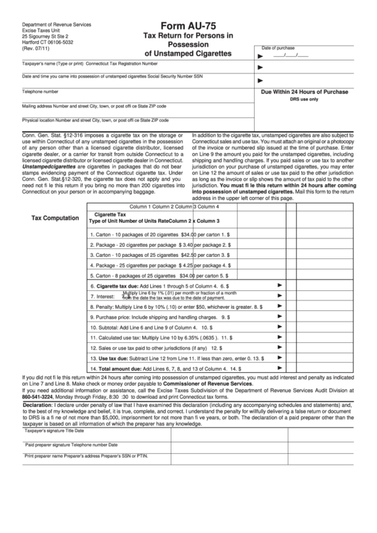 Form Au-75 - Tax Return For Persons In Possession Of Unstamped Cigarettes - 2011 Printable pdf