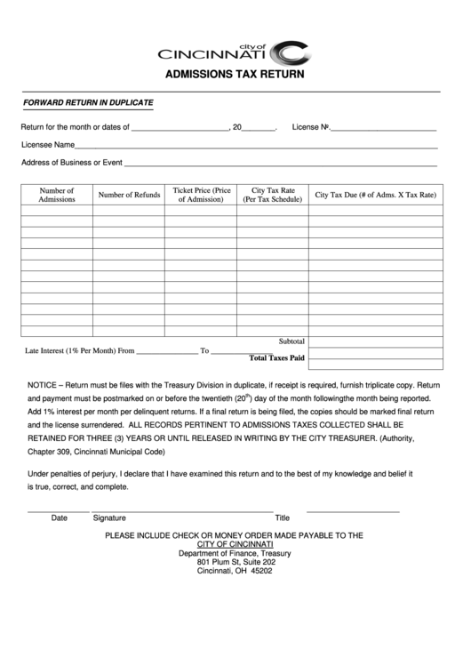 Admissions Tax Return Form - City Of Cincinnati Printable pdf