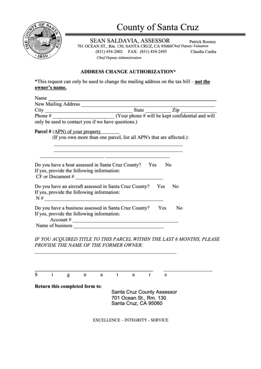 Fillable Address Change Authorization Form - County Of Santa Cruz Printable pdf