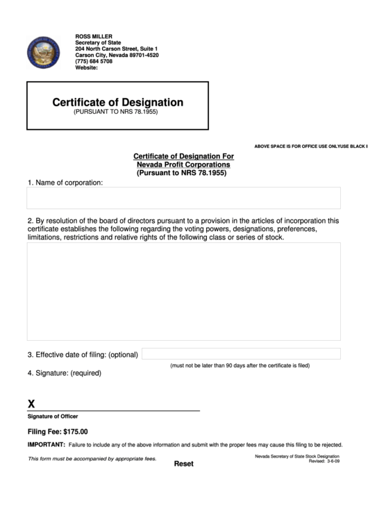 Fillable Certificate Of Designation Form - Nevada Secretary Of State Printable pdf