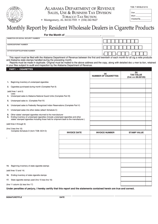 Fillable Form Tob: T-Whsle - Monthly Report Form By Resident Wholesale Dealers In Cigarette Products - Alabama - 2010 Printable pdf