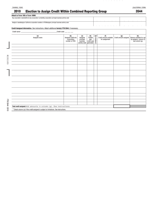 Ca Form 3544 - Election To Assign Credit Within Combined Reporting Group - 2010 Printable pdf