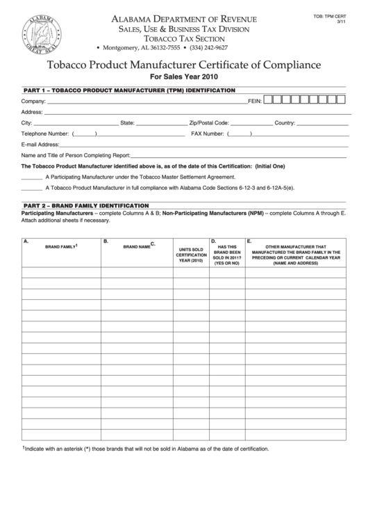 Fillable Tobacco Product Manufacturer Certificate Of Compliance Form - 2010 Printable pdf
