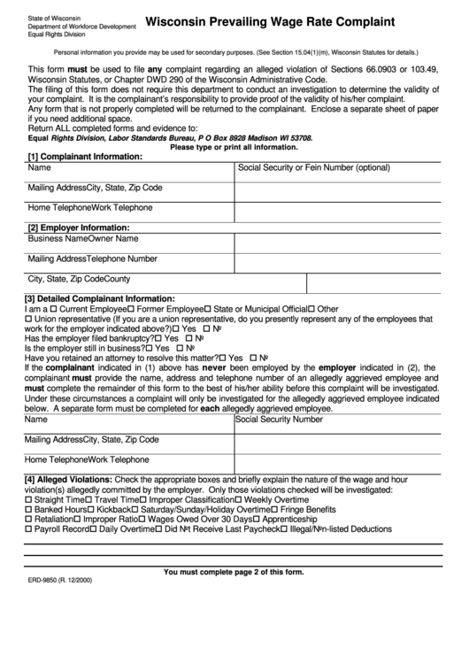 Form Erd-9850 - Wisconsin Prevailing Wage Rate Complaint - State Of Wisconsin Department Of Workforce Development Printable pdf