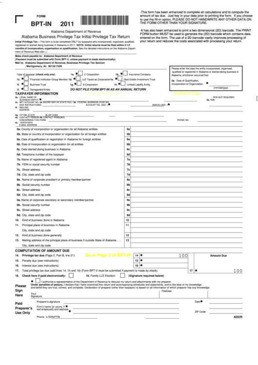 Fillable Form Bpt-In - Alabama Business Privilege Tax Initial Privilege Tax Return - 2011 Printable pdf