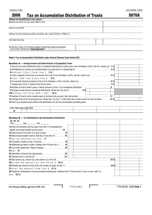 Fillable California Form 5870a - Tax On Accumulation Distribution Of Trusts - 2008 Printable pdf