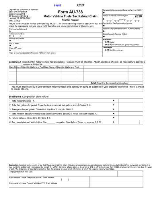 Fillable Form Au-738 - Motor Vehicle Fuels Tax Refund Claim - 2010 Printable pdf