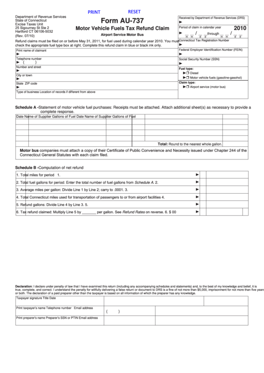 Fillable Form Au-737 - Motor Vehicle Fuels Tax Refund Claim - 2010 Printable pdf
