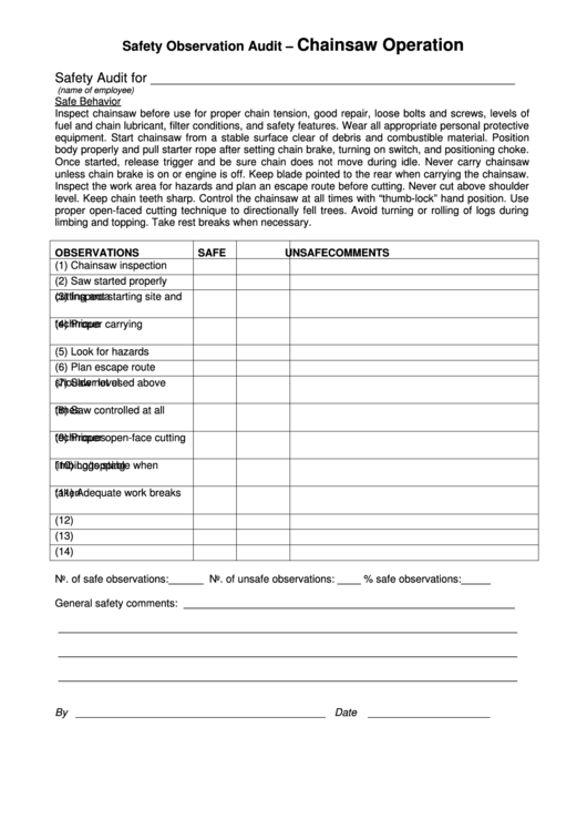 Safety Observation Audit Form - Chainsaw Operation Printable pdf