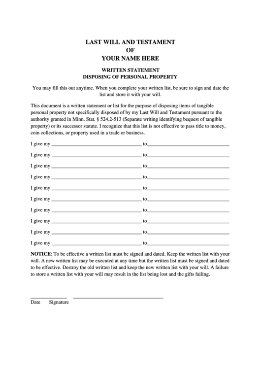 Last Will And Testament Form Minnesota printable pdf download
