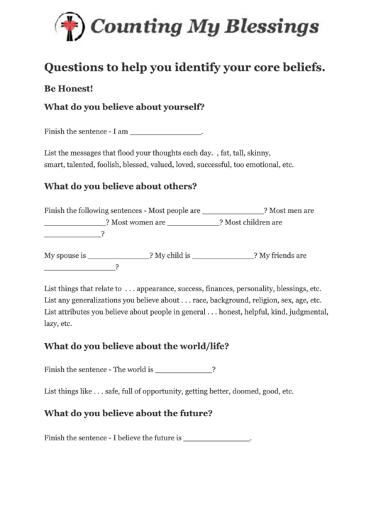 Core Beliefs Questionnaire Template Printable pdf