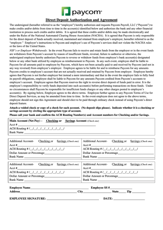Direct Deposit Authorization And Agreement Form Printable pdf