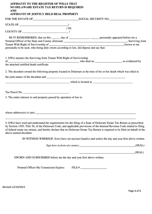 Fillable Affidavit To The Register Of Wills That No Delaware Estate Tax Return Is Required And Affidavit Of Jointly Held Real Property Printable pdf