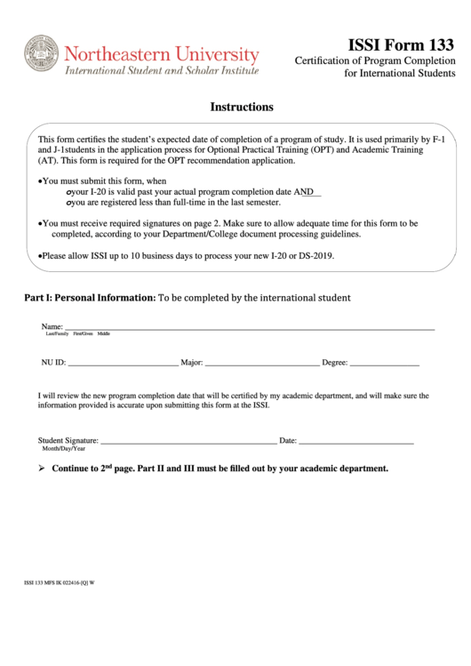 Fillable Issi Form 133 Certification Of Program Completion For International Students Printable pdf