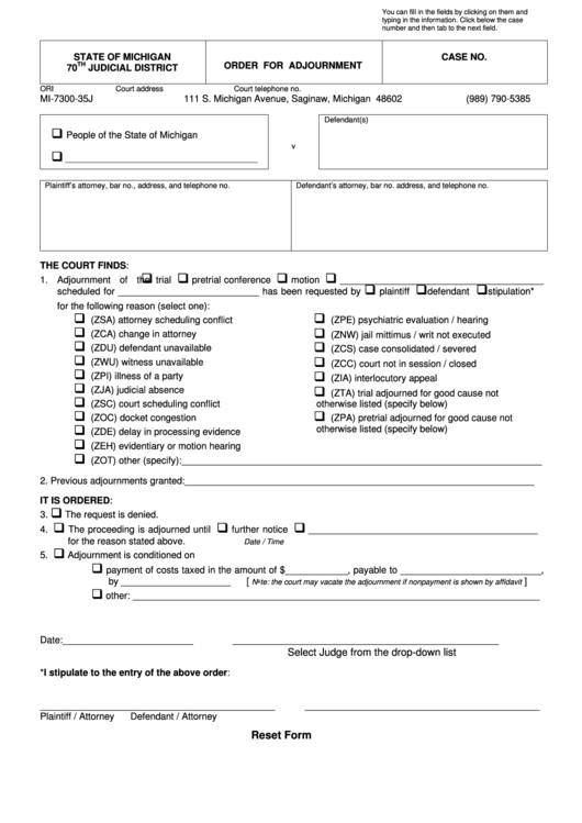 Fillable Order For Adjournment Form - Michigan 70th Judicial District Printable pdf