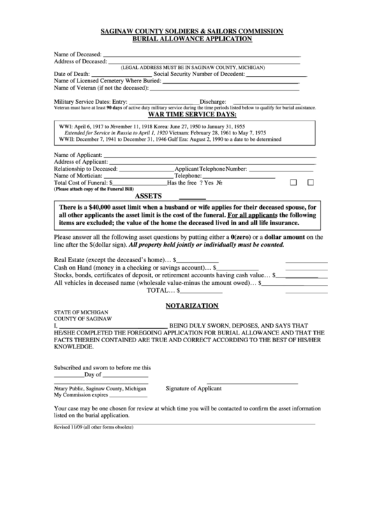 Fillable Burial Allowance Application - Saginaw County Soldiers & Sailors Commission Printable pdf
