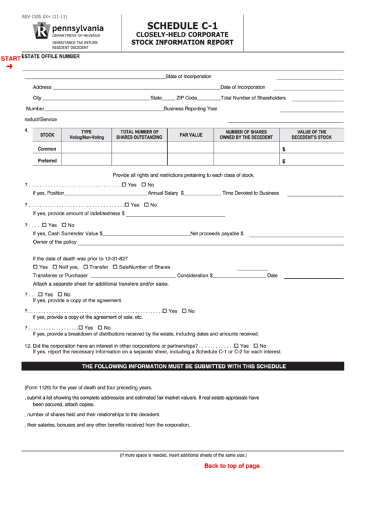 Fillable Form Rev-1505 Ex+ - Schedule C-1 - Closely-Held Corporate Stock Information Report Printable pdf