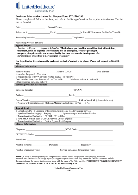 Fillable Louisiana Prior Authorization Fax Request Form Printable pdf