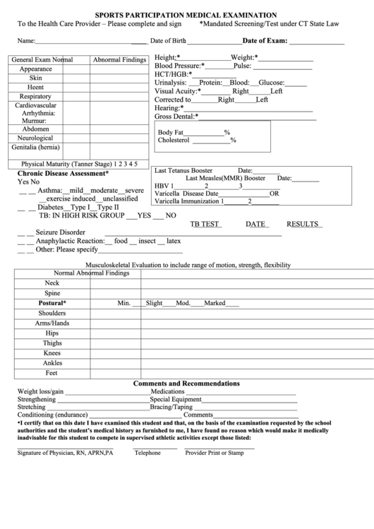 Sports Participation Medical Examination Form Printable pdf